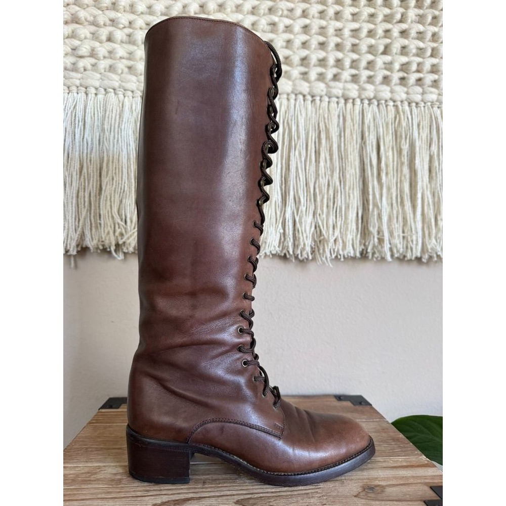 90s Vintage Charles David Brown Leather Lace Up Knee High Riding Boots Size 8 - Picture 8 of 16